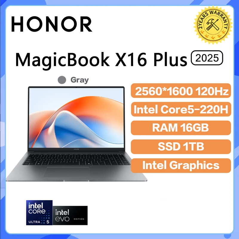 2025 Honor MagicBook x16 Plus notebook Intel Graphics Core5-220H 16G/32G 1T 2,5K 120Hz IPS Screent Nový zápisník 75WH