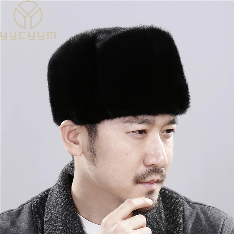 2025 Horúci predaj Winter Man Top Real Mink Fur Bomber Hat Male Original Marten Head Warm Black/Brown Caps Najlepší darček pre otca Gorras
