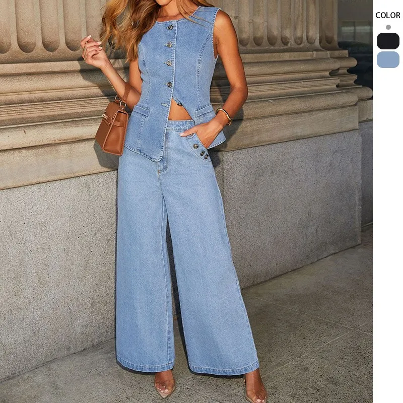 2025 jar/leto Nová pevná farba voľná móda s dlhým rukávom Cowboy Set Cowboy Pants pre ženy