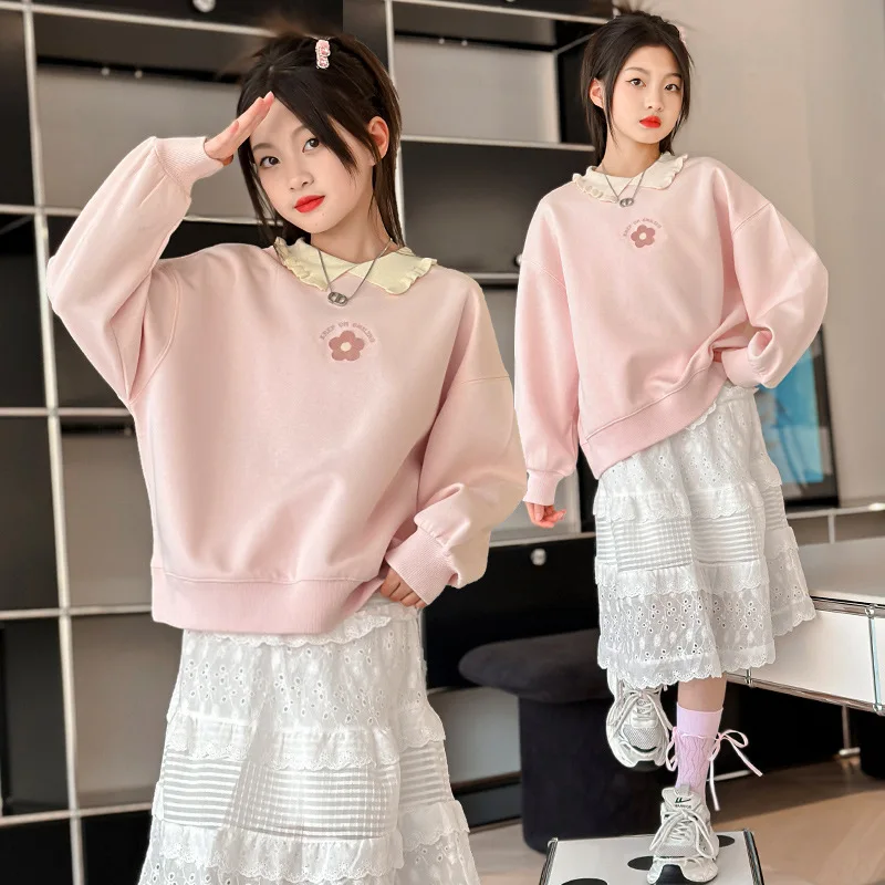 2025 Jeseň Spring Girls Clothshirt Mikina detské dospievajúce princezné šaty Top Pink Lace Child Sweater Flower 4 6 7 8 9 10 11 12 rok