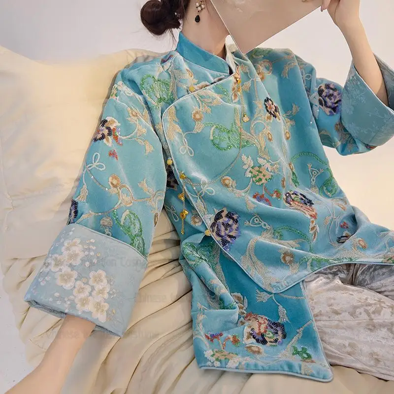 2025 jeseň zima nová tangová šaty Ženy luxusné jacquardové kvetinové bunda Lady vinobranie čínsky štýl oblečenie voľné hanfu qipao