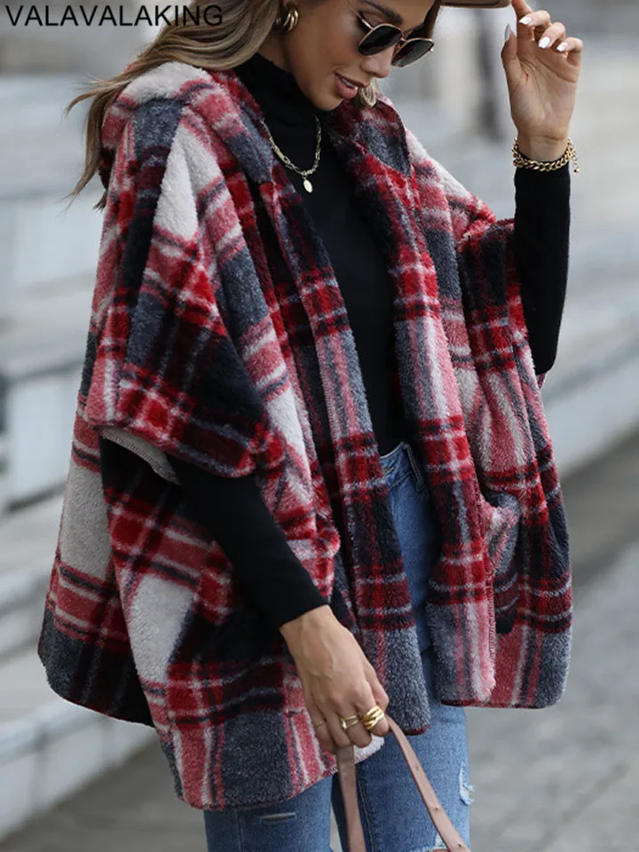 2025 jeseň zimná kockovaná výtlačok Dámske dámske bunda Hrubá plyšová kapucňa Teplý príležitostný kabát Soft Loose Cardigan Lady No Buckle Short Coat