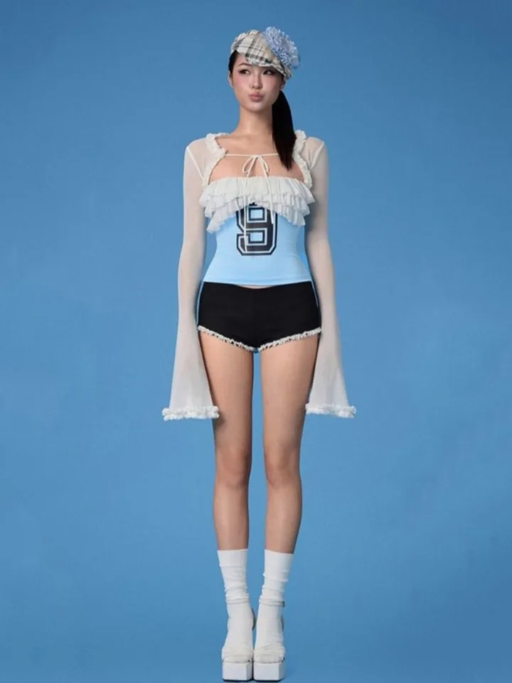 2025 Jeseň Ženy Thin See Prostredníctvom Cardigan Harajuku Ruffled Crop Grunge Tops Streetwear Bandage Flare Ruckve Solid Sweet Blúzka