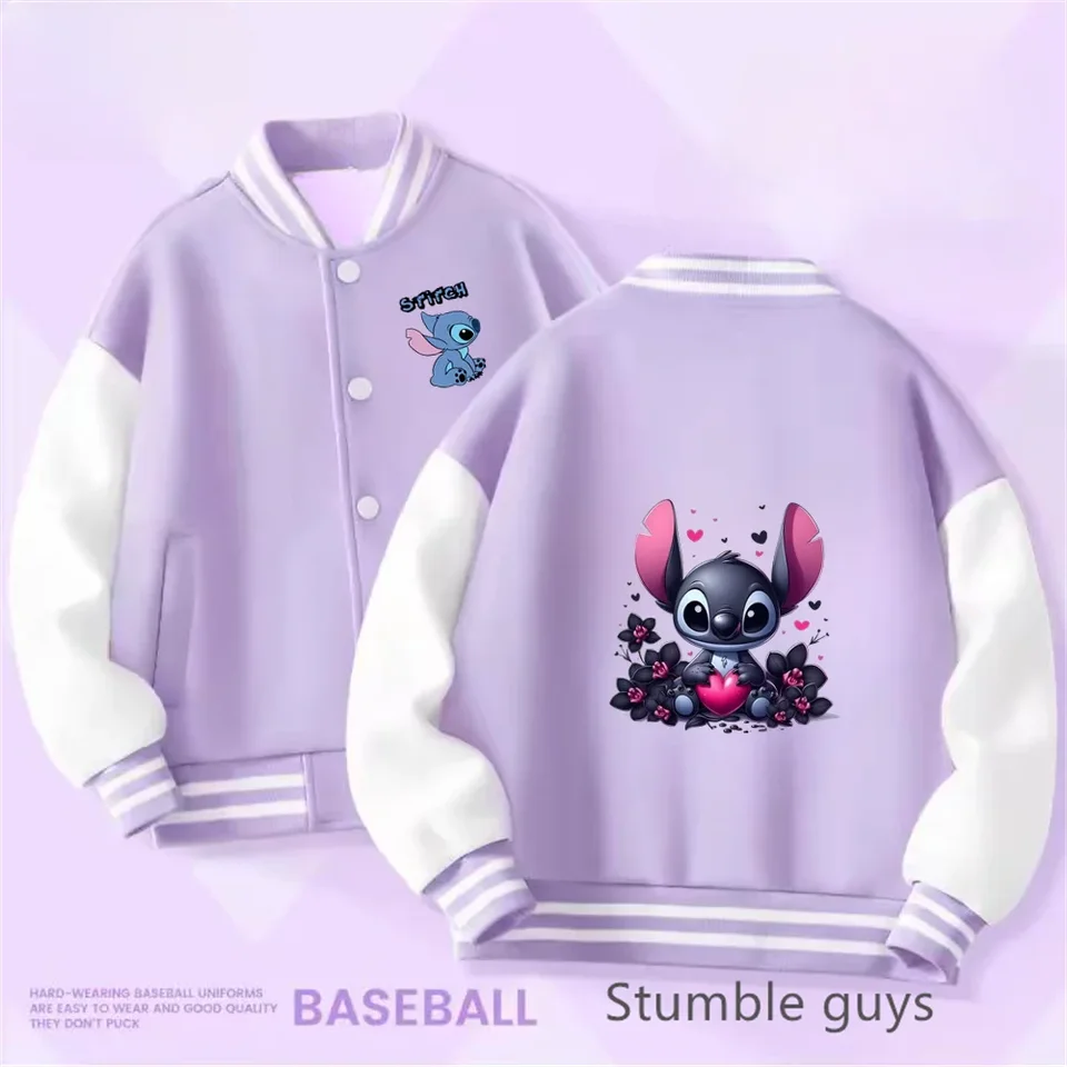 2025 Kawaii Lilo Stitch Varsity Baseball Bomber bunda Harajuku Jackets Kids Boys Clothes Dievčatá Single Coats Teen Pokembered Topy