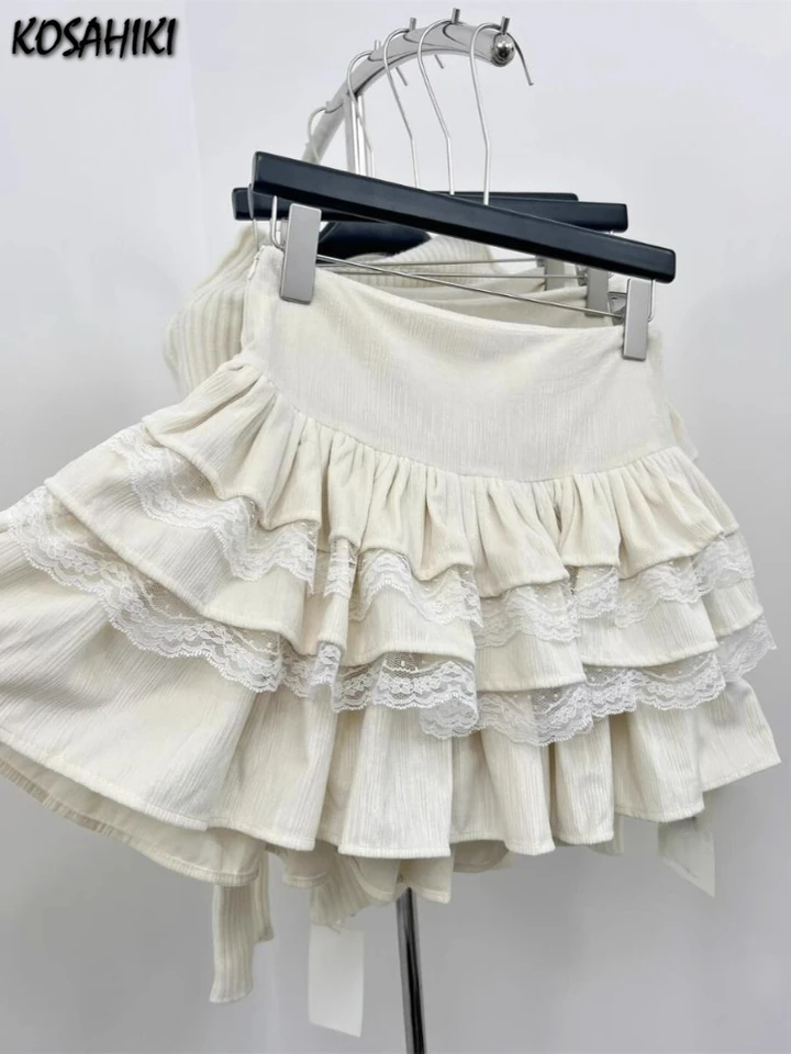 2025 Lace Patchwork Sweet Ball Sukne sukne japonské skladané kawaii roztomilé mini faldas streetwear y2k estetické ženy jarná sukňa