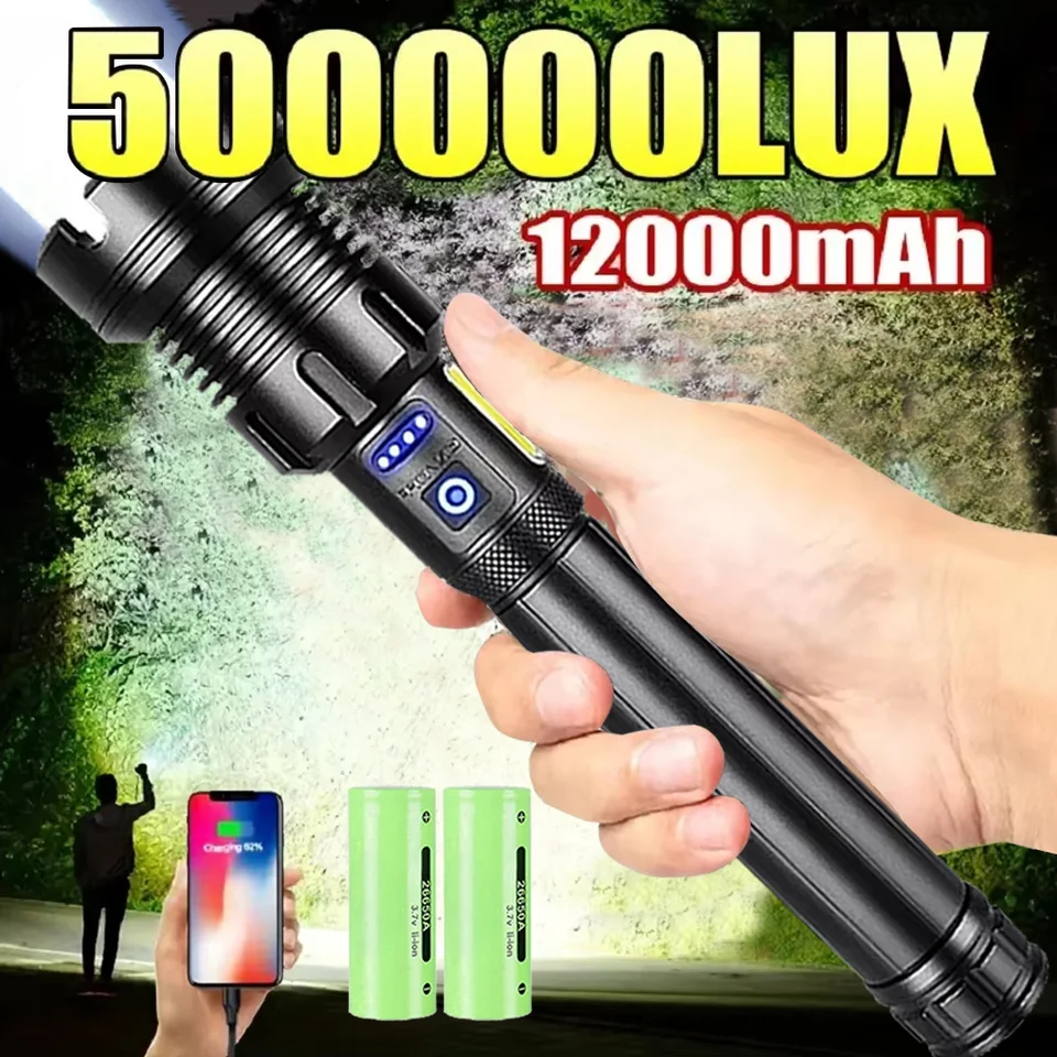 2025 LED vrecká s vreckám Ultra Bright 5000000LUMENS 12000MAH Nabíjateľná batéria Výkonná batéria Zoomable Tactical Lantern