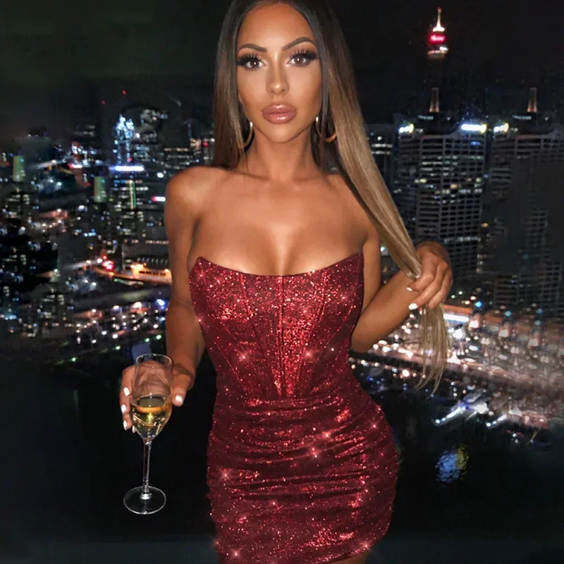 2025 letné elegantné vianočné vianočné korzet Mini šaty Sexy Bodycon Glitter bez ramienok Vestidos Night Club Party Dress Dress