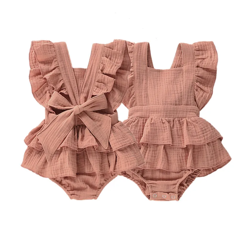 2025 letné novonarodené dievčatká BodySuits oblečenie princezná Ruffle bavlnená kombinéza roztomilé batoľaté backless Lace Up Bow Beach Outfits