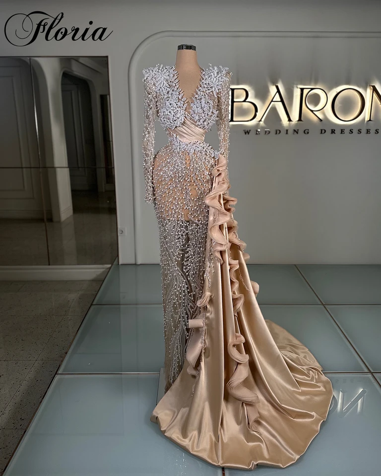 2025 Luxusné perly Večerné šaty morská panna dizajnér formálne šaty pre ženy Vestidos para majer celebrity šaty