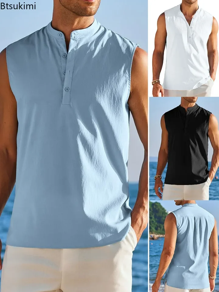 2025 Man's Henry Collar Tops Tops letné neformálne športové rukávy bez rukávov spodná časť módnej pevnej voľnej fitness vesty pre mužov oblečenie