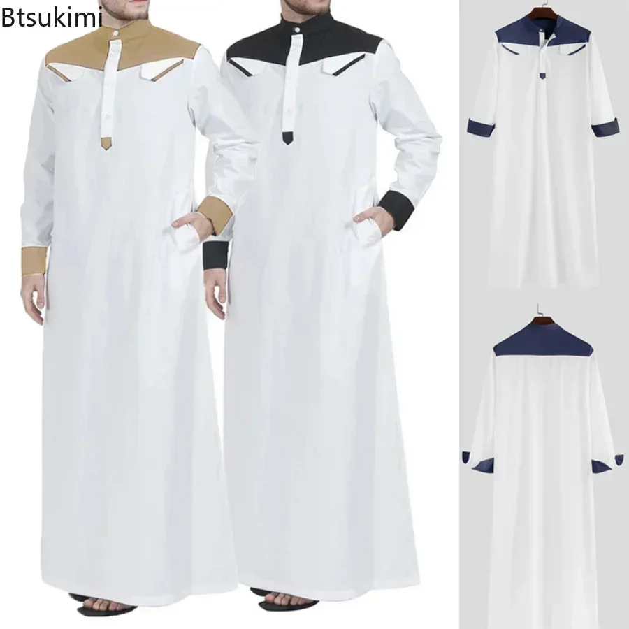 2025 Moslimský módny mandarínový krk thobe pre mužov Comfortbale s dlhým rukávom kontrastná farba moslimské oblečenie Saudská Arábia Abaya Herren
