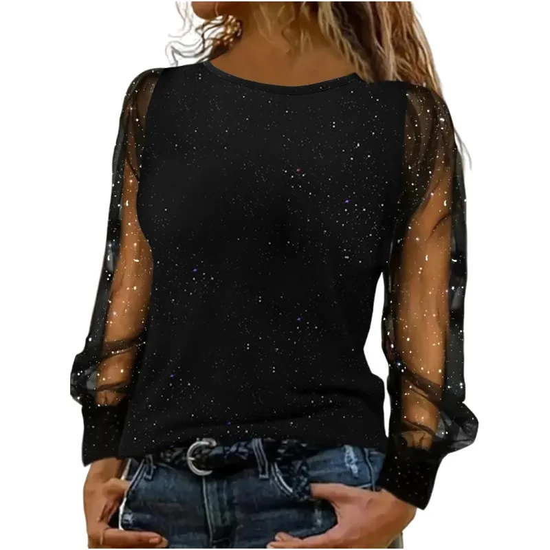 2025 módna blúzka Ženy Glitter Puff Ruckve Sheer Meh Tlač