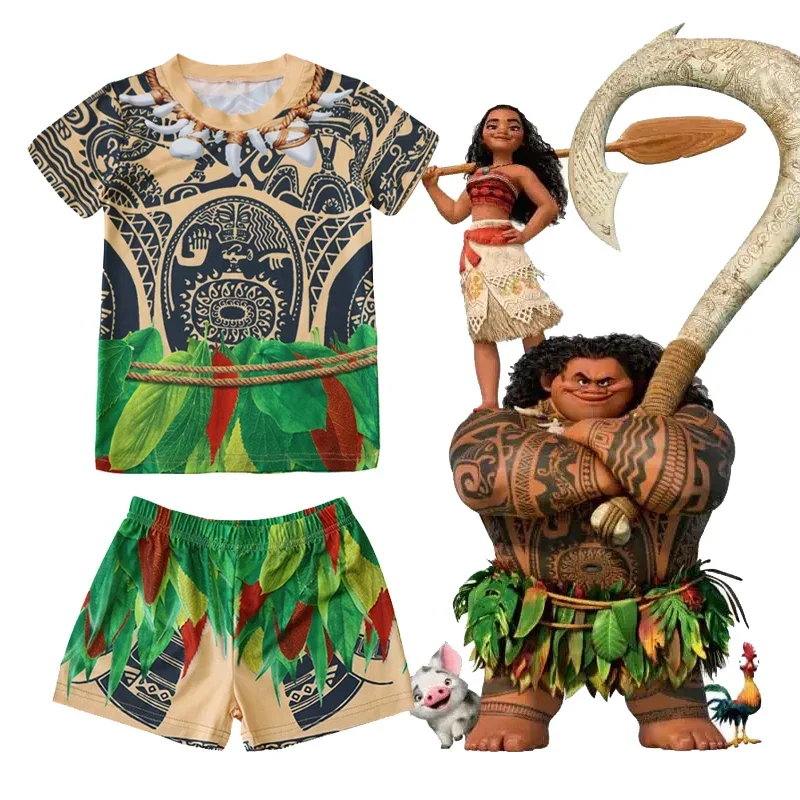 2025 Newhallowen Kids Plavecký oblek s krátkym rukávom Tetovanie Cosplay maui košele nohavice nohavice kúpanie kúpanie kostým swi aa