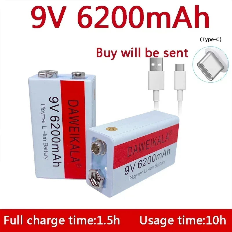 2025 NOVINKA 9V 6200MAH LI-ION Nabíjateľná batéria TYP-C BATÉRIA 9V USB lítium pre multimetrovú mikrofónovú hračku +USB nabíjací kábel
