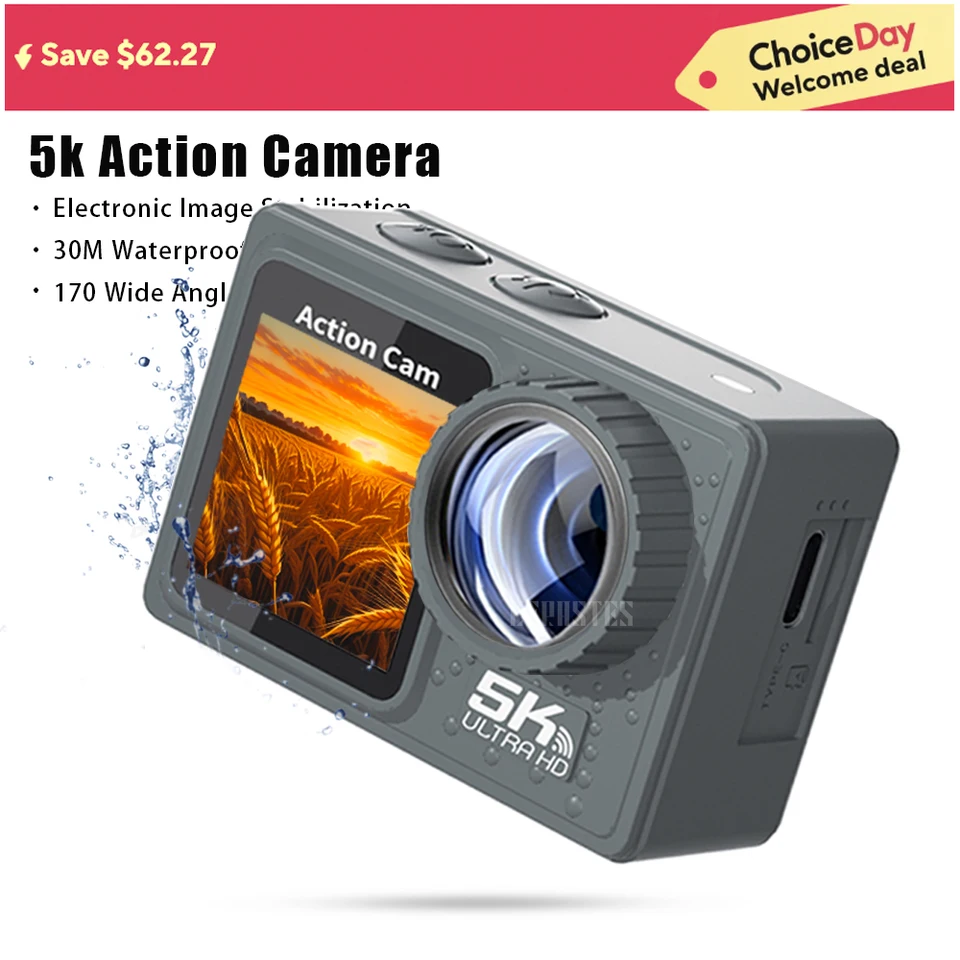 2025 Nová akčná kamera 5K 4K 60 fps Wi-Fi Anti-Trasa Dual Screen 170 ° so širokouhlým uhlom 30 m nepremokavým športovým fotoaparátom s diaľkovým ovládaním