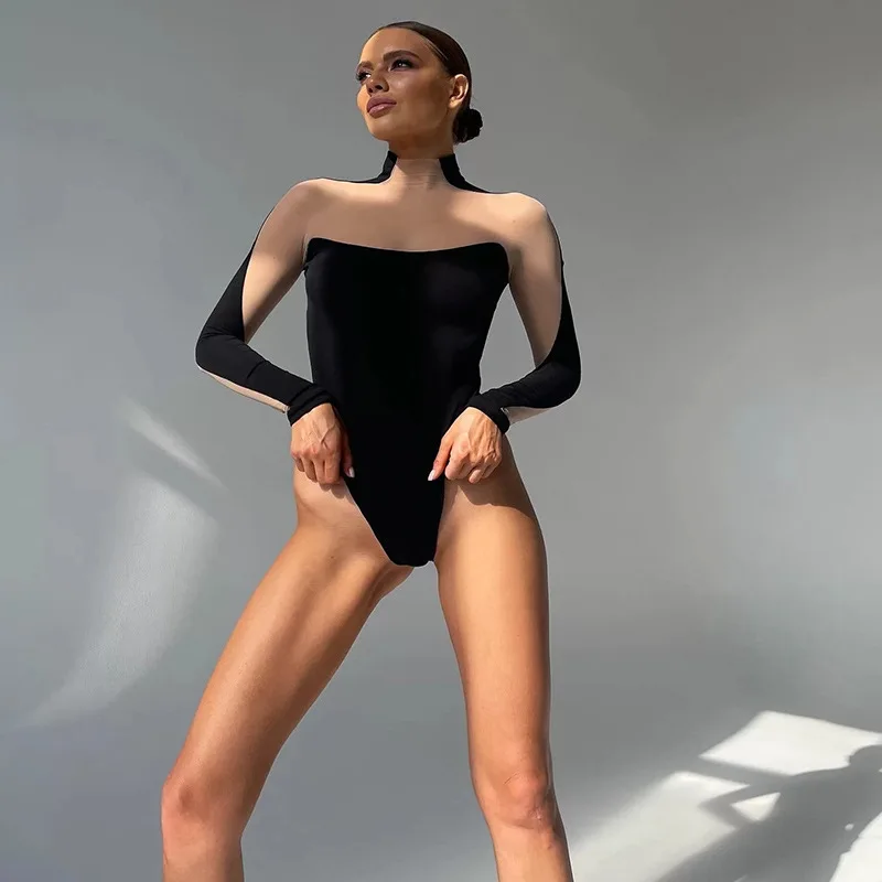 2025 Nová európska a americká jarná a letná dámska sexy sieťovina zostrihá dlhý rukáv Slim High Elastic Fashion Top
