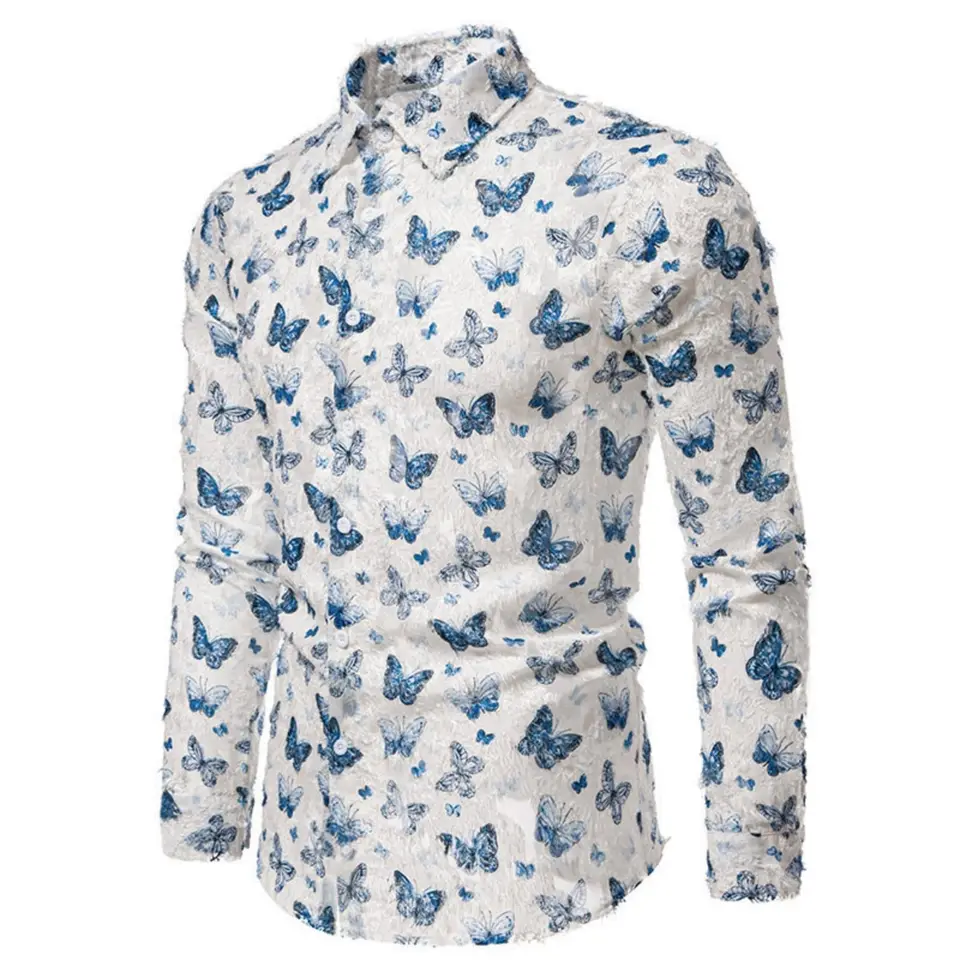 2025 Nová móda All-Match Butterfly Print Pánske tričko s dlhým rukávom Casy Party Street Hawaiian Pollar Tirt Polyester