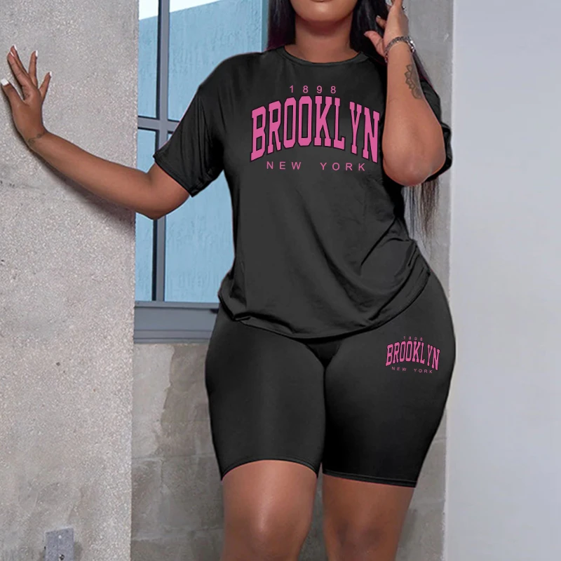 2025 Nová módna dámska Brooklyn tlačená súprava okrúhly krk Tričko Krátke nohavice Vysoko kvalitné dámy Domov Outdoor Cool Outfits