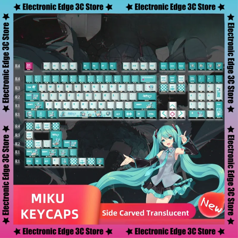 2025 Nová strana Miku Vyrezávané priesvitné kľúče čerešňový profil PBT Termálna sublimácia Mechanická klávesnica Keycap Anime Periférne