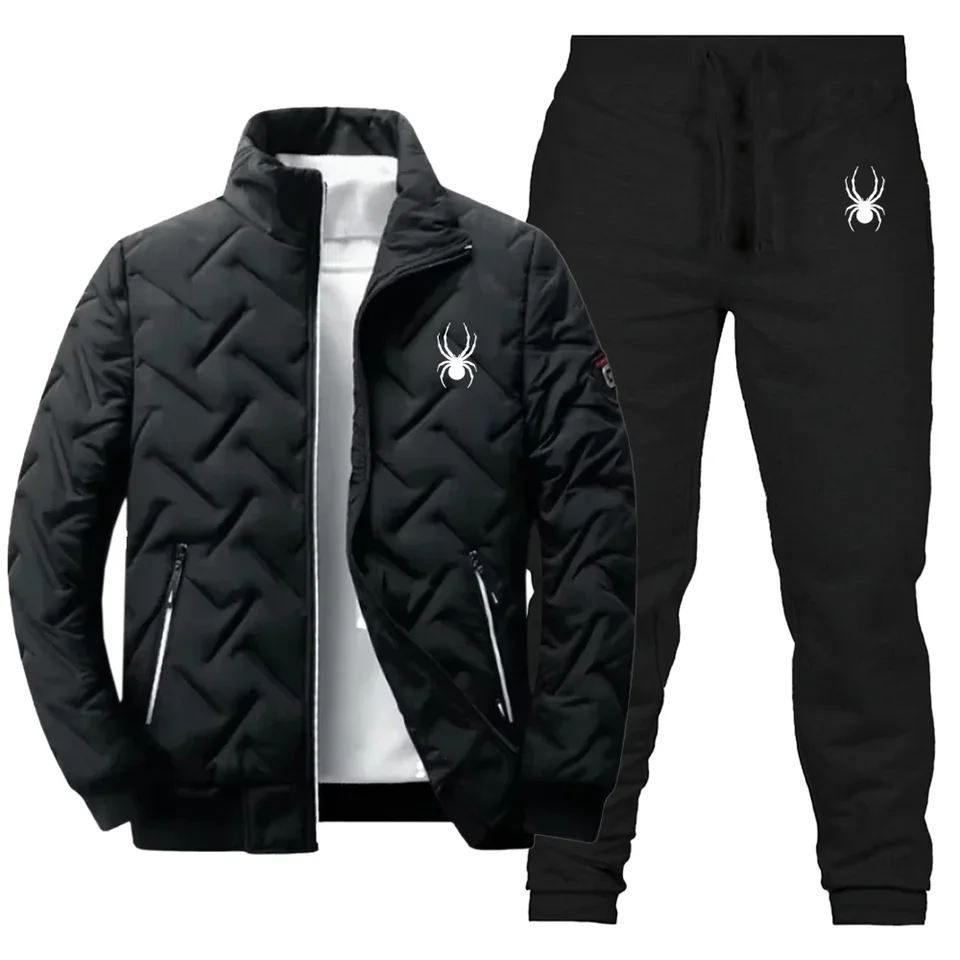 2025 Nová čierna bunda Men Spider Suit Winter Cotton Polded Warm Bunda Príležitostný športový stojan Golier teplý hustý kabát mládež mládeže