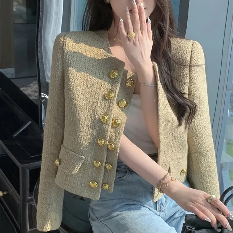 2025 Nové jesenné zimné ženy Elegantné Tweed Cardigan Short Coat Single Breast Bunda pre ženy voľné