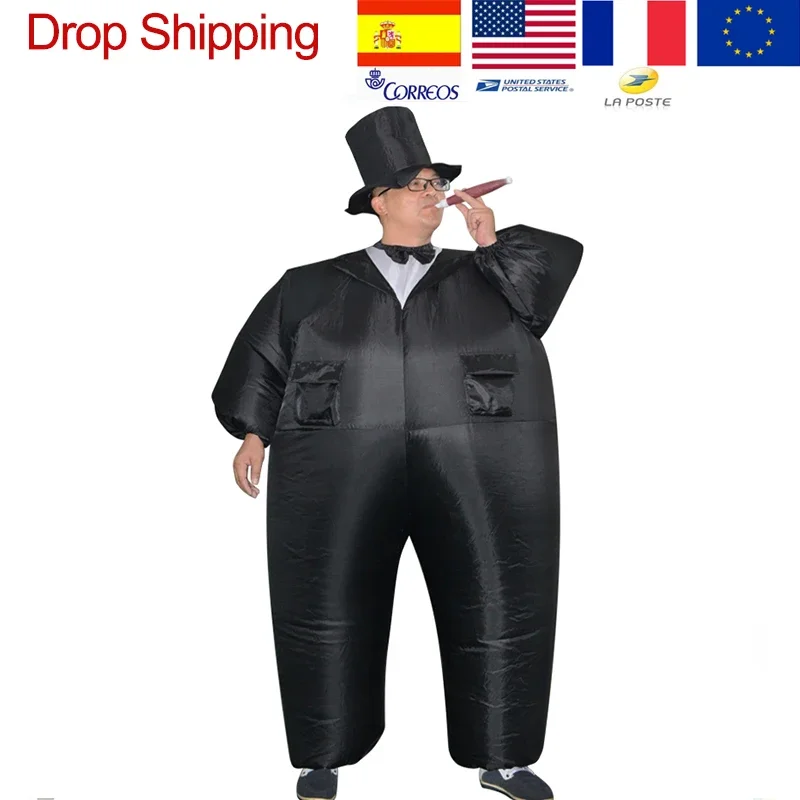 2025 Nové nafukovacie čierne smokingové obleky tučný gentleman luxusné šaty zábavné hračky Karneval vďakyvzdania Cosplay kostýmy pre WOM ABC