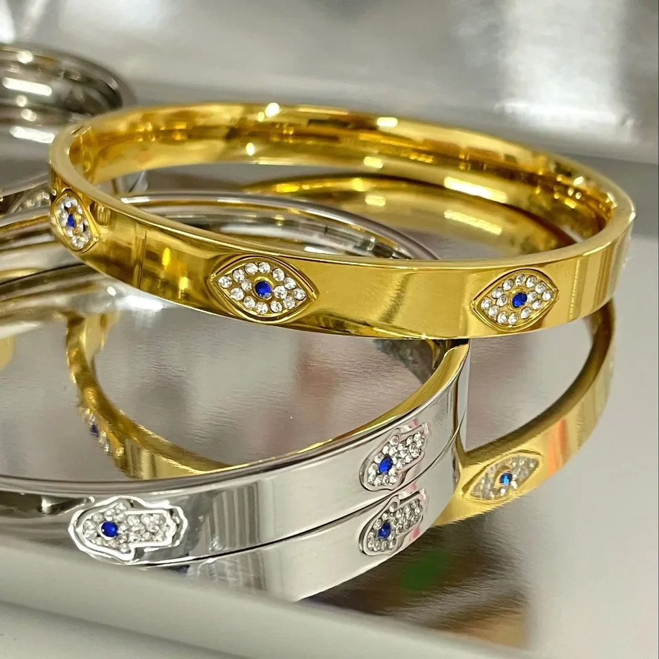 2025 NOVÉ PRIPOJENÉ Módne ženy Zlatá farba Micro Dláha Clear Blue CZ Lucky Turkish Evil Eye Hamsa Ruka náramky náramky šperky