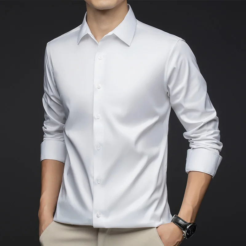 2025 Nové pánske košele Spring jesenné jeseň s dlhým rukávom Formálne spoločenské fit Soft Comfort Smooth bez bielej košele bez biele