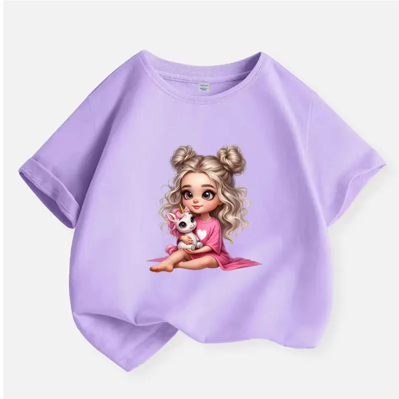 2025 NOVÉ Y2K TOPS UNICORN GIRL Grafické tlačové tričko pre dievčatá Purpurová bavlna detské detské vrcholy Tee letná karikatúra Kawaii T košeľa