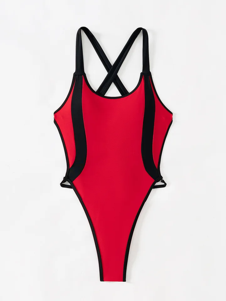 2025 Nové červené čierne zrážky bikín s jedným kusom plavky pre ženy Sexy High Wasit U-Neck Suspender Backless Bikini Monokini plavky