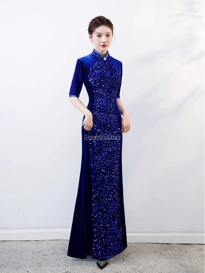 2025 Nové čínske vylepšené ženy Cheongsam dlhé zamatové šaty Elegantné čínske polovičné rukávy Stojan Slim Party Qipao Dress W208