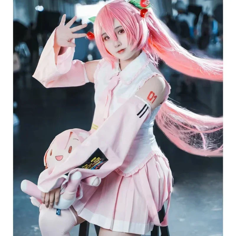 2025 Nový anime začiatočník Future Sakura vokalid miku ružové midi šaty Cosplay kostým dievča sukňu parochň