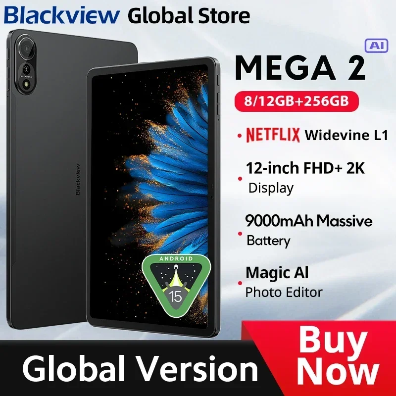 2025 Nový BlackView Mega 2 tablety 12 palcov 2K Displej 8 GB/12 GB 256 GB Android 15 UNISOC T615 9000MAH BATTERICKÁ PAD PAD PAD PD