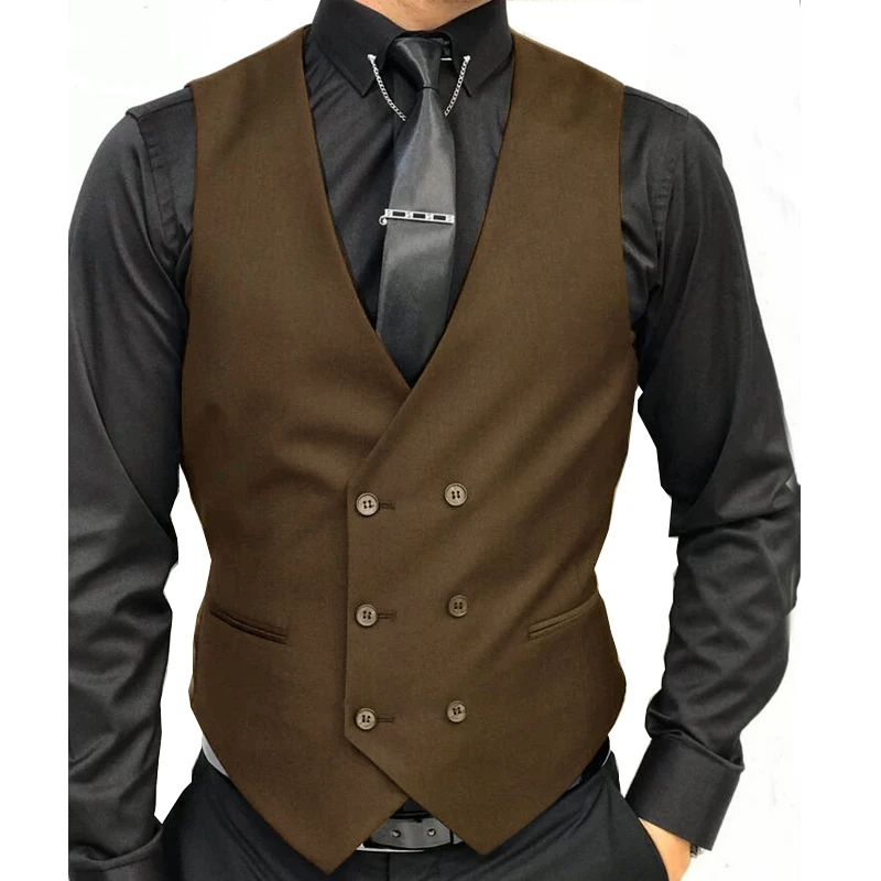 2025 NOVÝ DOBLE BRESTED Pánsky oblek vesty Brown Slim Fit Best Man Groom Svadobná vesta Formálne podnikanie mužov bez rukávov bez rukávov