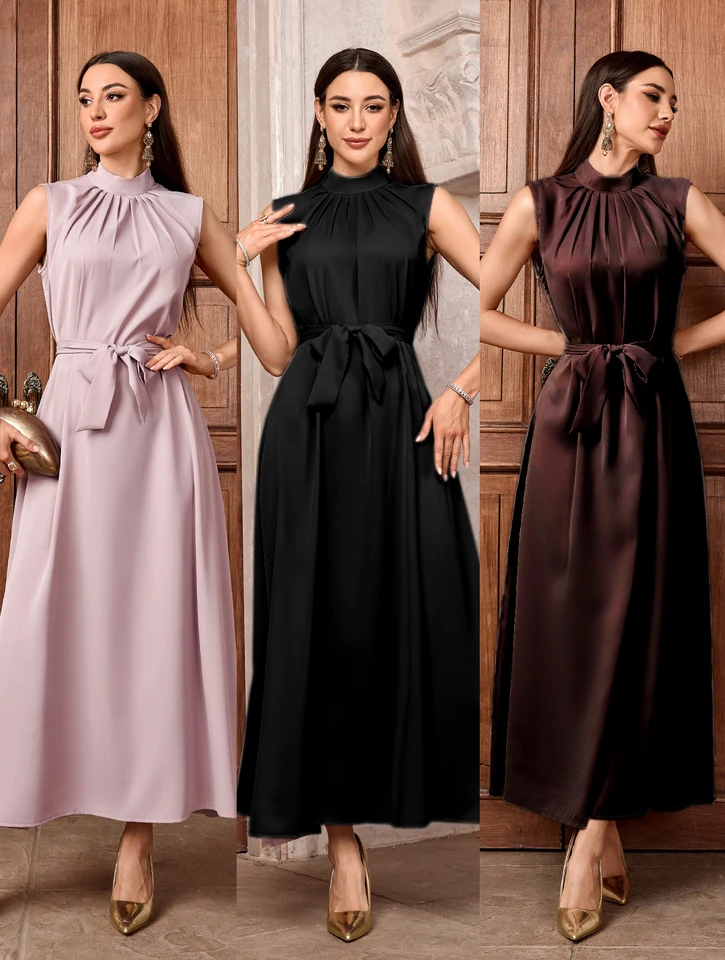 2025 Nový elegantný stojan na krk pevná farba Sexy rukávy bez rukávov pásové šaty Arabské ženy Základné vnútorné šaty zatvorené dlhé abaya šaty šaty