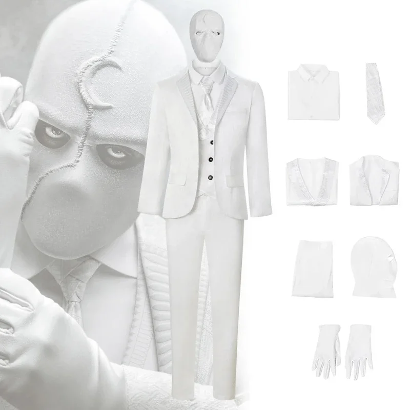 2025 Nový film Halloween Moon superhrdina pán Knight Cosplay kostým pre mužov biely kravata Vest Suck Headgear Mask Sets Carnival Mas AA