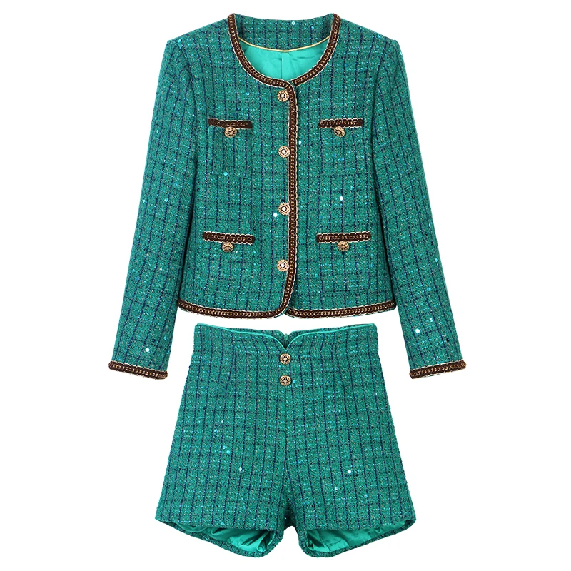 2025 NOVÝ francúzsky módny elegantný a pohodlný ťažký priemysel Flitry Suit Green Temperament Blazer + Shorts