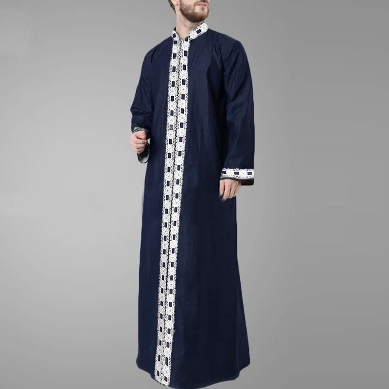 2025 Nový islamský arabský arabský kaftan moslimský čipka Patchwork s dlhým rukávom v krk jubba thobe módne stredné východné muži rúž ABC