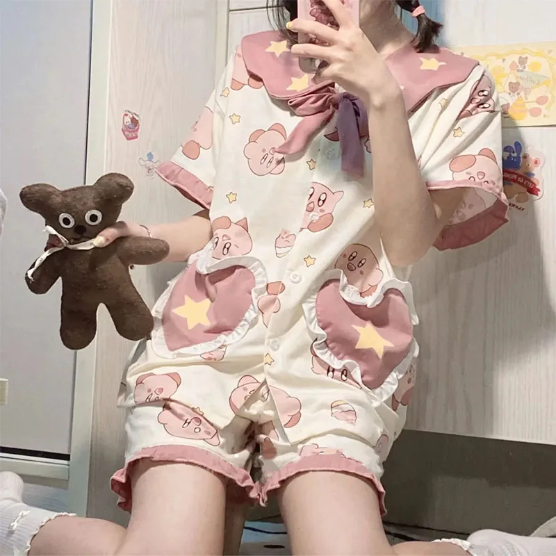 2025 Nový kawaii roztomilý kirbys pyžamá s krátkym rukávom Set karikatúry domáce oblečenie sladké tlač narodeninové darčeky priateľka darčeky