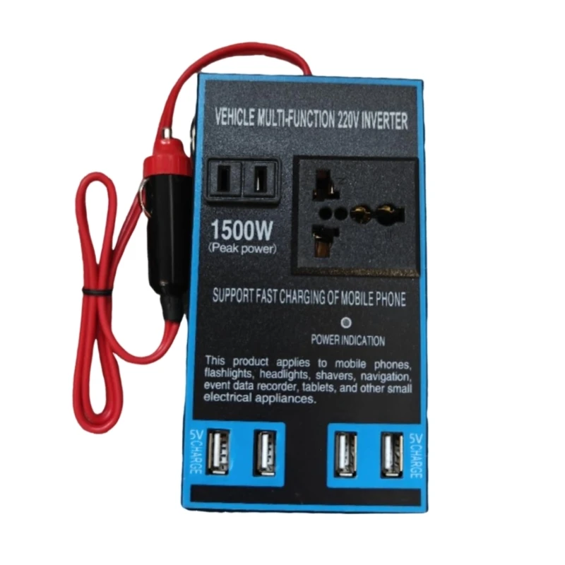 2025 Nový menič s výkonom automobilov s rýchlosťou 1500 W, DC12V 24V až AC220V CAR Converter so 4 USB Port Car NAPLATÝ PLANOVÝ Adaptér