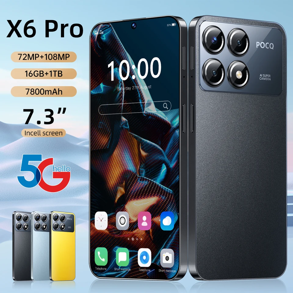 2025 Nový mobilný telefón X6 Pro 7.3 HD Smartphone Smartphone 16G+1T 5G Dual SIM celulares Android Android odomknutý 108 MP 7800 mAh mobilný telefón