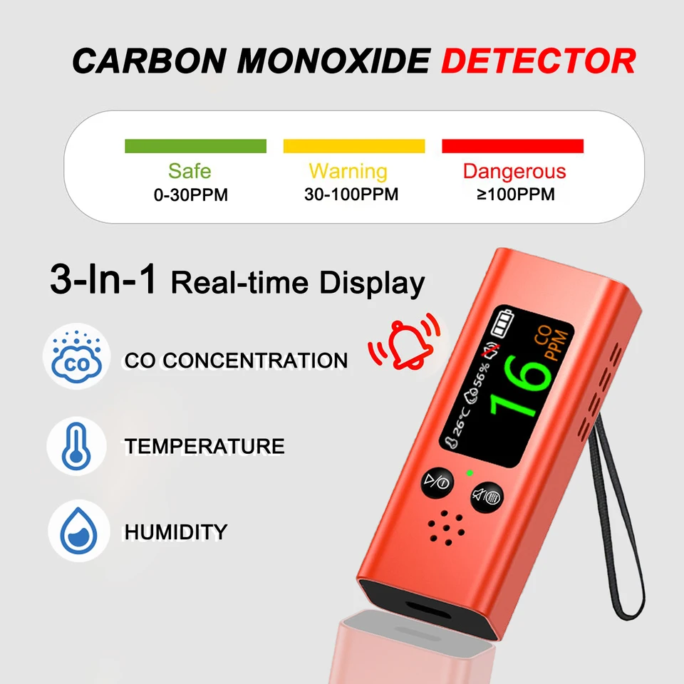 2025 Nový prenosný detektor oxidu oxidu uhoľnatého Mini presný nabíjateľný detektor TEMP/vlhkosti s hlasným alarmom