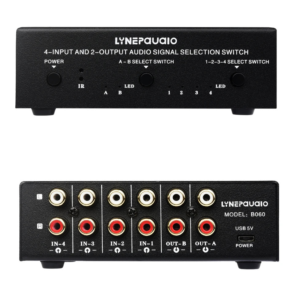 2025 Nový prepínač 4-in 2 alebo 2-in 4-out Audio Signal Switcher \ s prepínaním diaľkového ovládača Funkcia bezstratového rozhrania RCA
