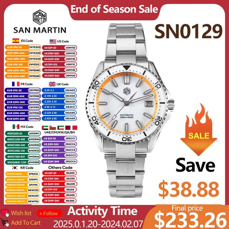 2025 Nový San Martin 39mm Dive Watch Enamel Dial Full Luminous NH35 Automatická mechanická mužov Watch WelloProof 200 m SN0129