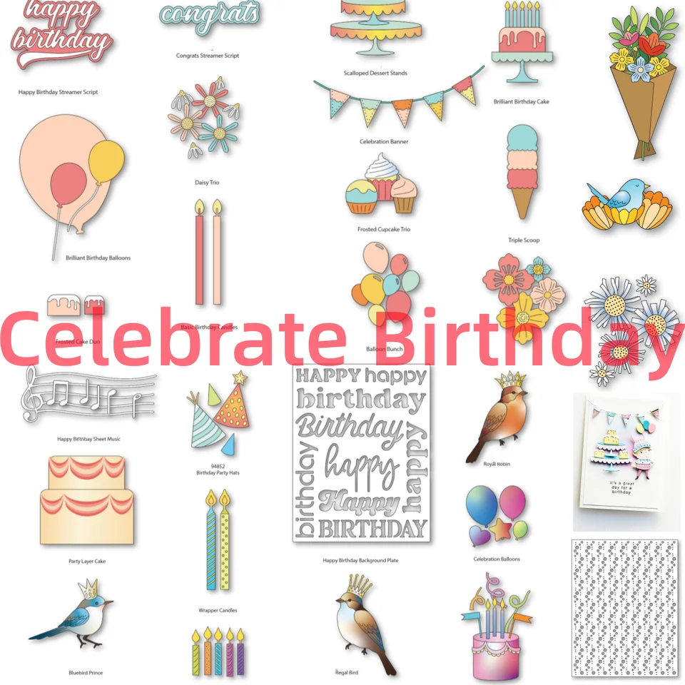 2025 Oslavujte narodeniny banner torta klobúk kvetinový list kov kov Cutting Dies DIY Scrapbook Card Craft Template Supplies Ozdob