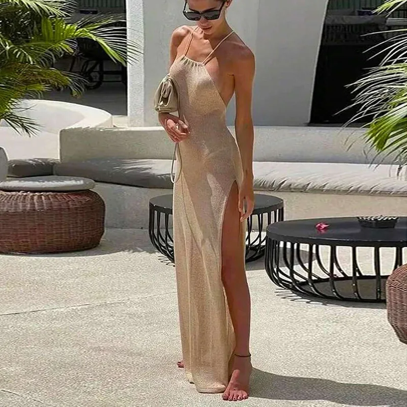 2025 Pletená krycia pláž Sexy priehľadná dlhá štrbina štíhle šaty letné bikiny zakrývajú elegantné halebné krk na pláž sukňu