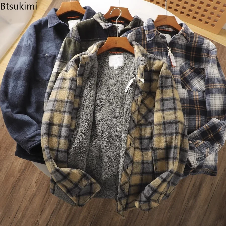 2025 Plná zimná zimná zmesová teplá košeľa Klasické kockované jahňacie fleece košele Coats Male Outdoor Termal Termal Botton Dadder Tirls