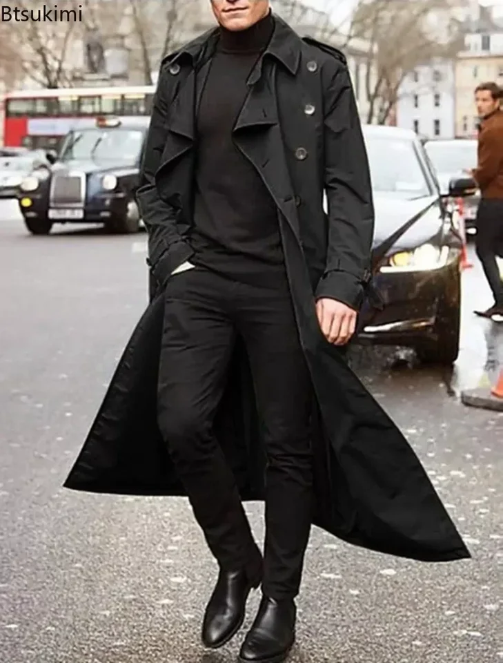 2025 Pánske dlhé priekopy Coats Jacking Spring Autumn Fashion Módna móda nová solídna štíhla veteria Outwear Elegant Men Obchodná večierok
