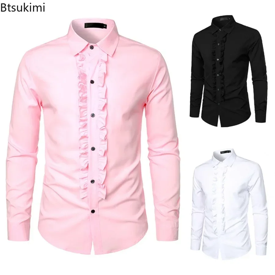 2025 Pánske nové rukávy Tuxedo tričká módne večierky Svadobné šaty košele Ruffed Pleat Design Solid Tirl Chamise Homme