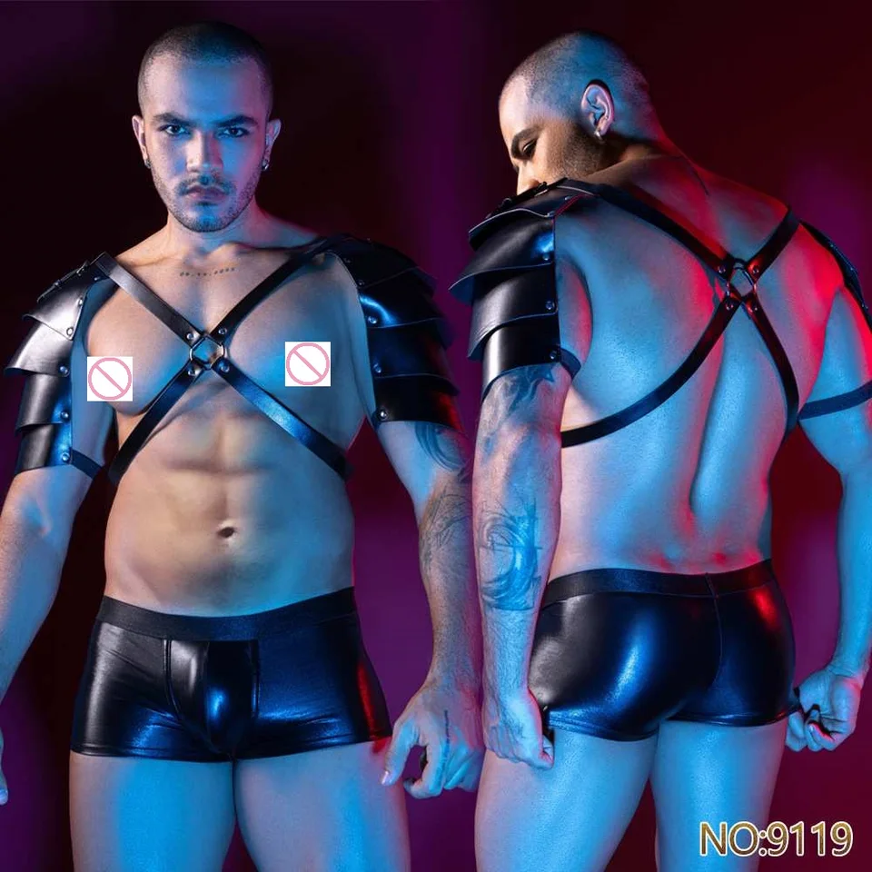 2025 Pánske sexy dve kusy spodná bielizeň spodná bielizeň Muž Hot Hormone Night Club Snímacie kostýmy Gay Fliter Nightwear Pu Outfits